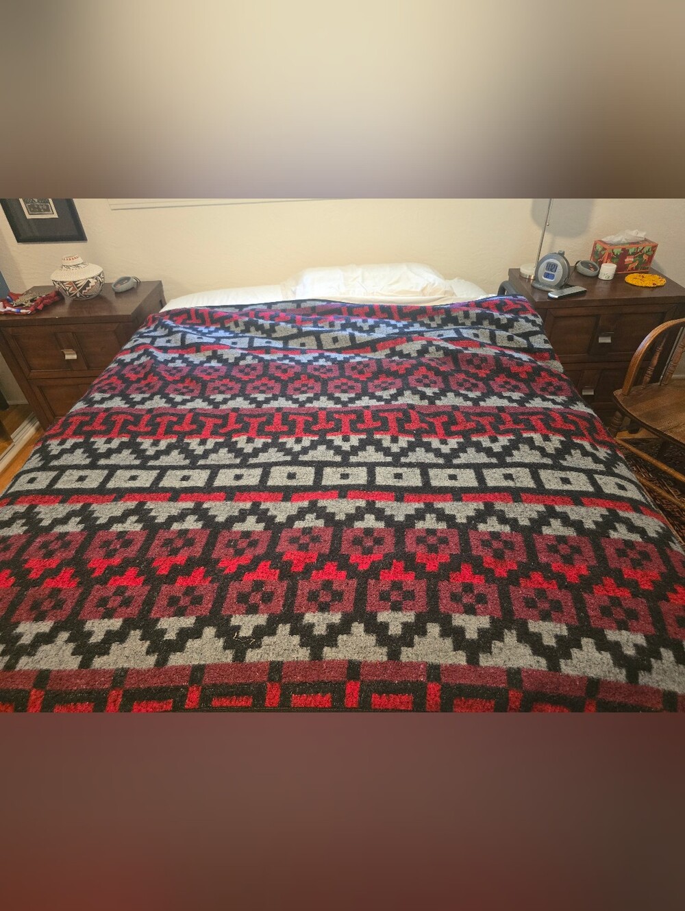 Vtg Southwestern Style Blanket 77x60" Mixed Materials Geometric Black Red Gray